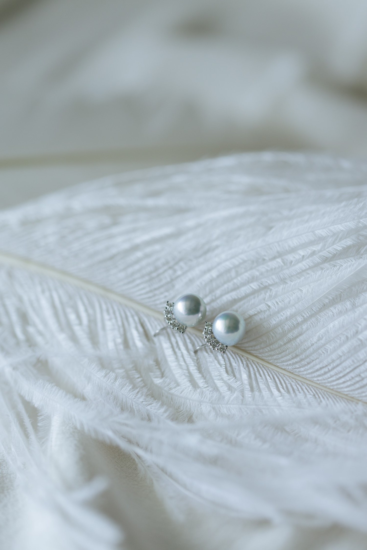 Small pearl earrings on a pale leaf