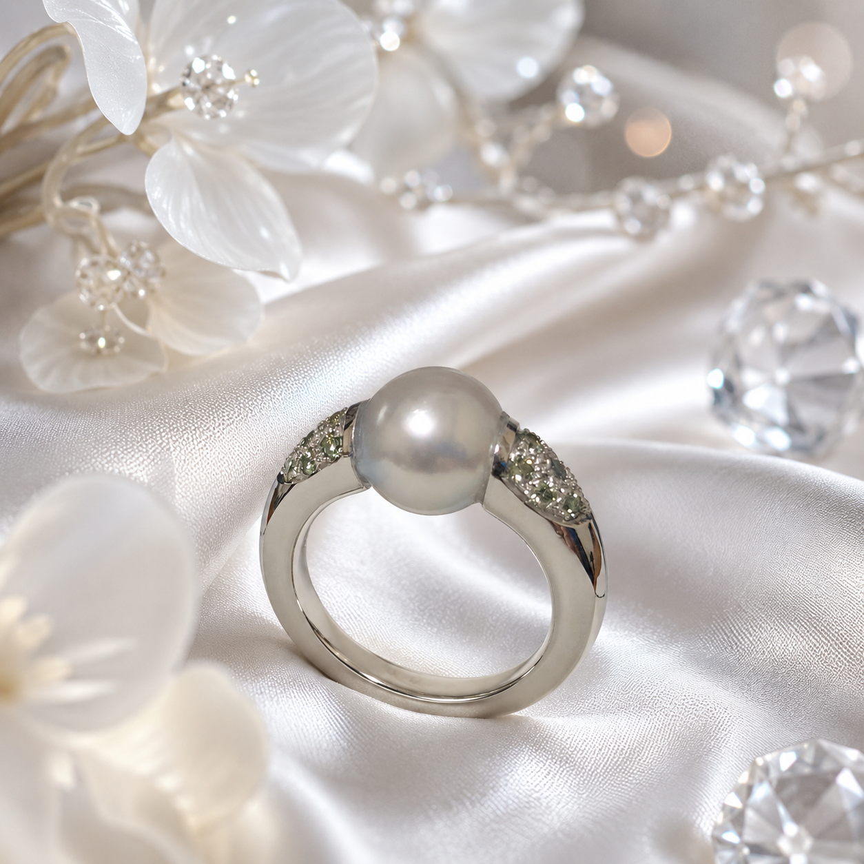 Akoya pearl ring on white satin with crystal styling