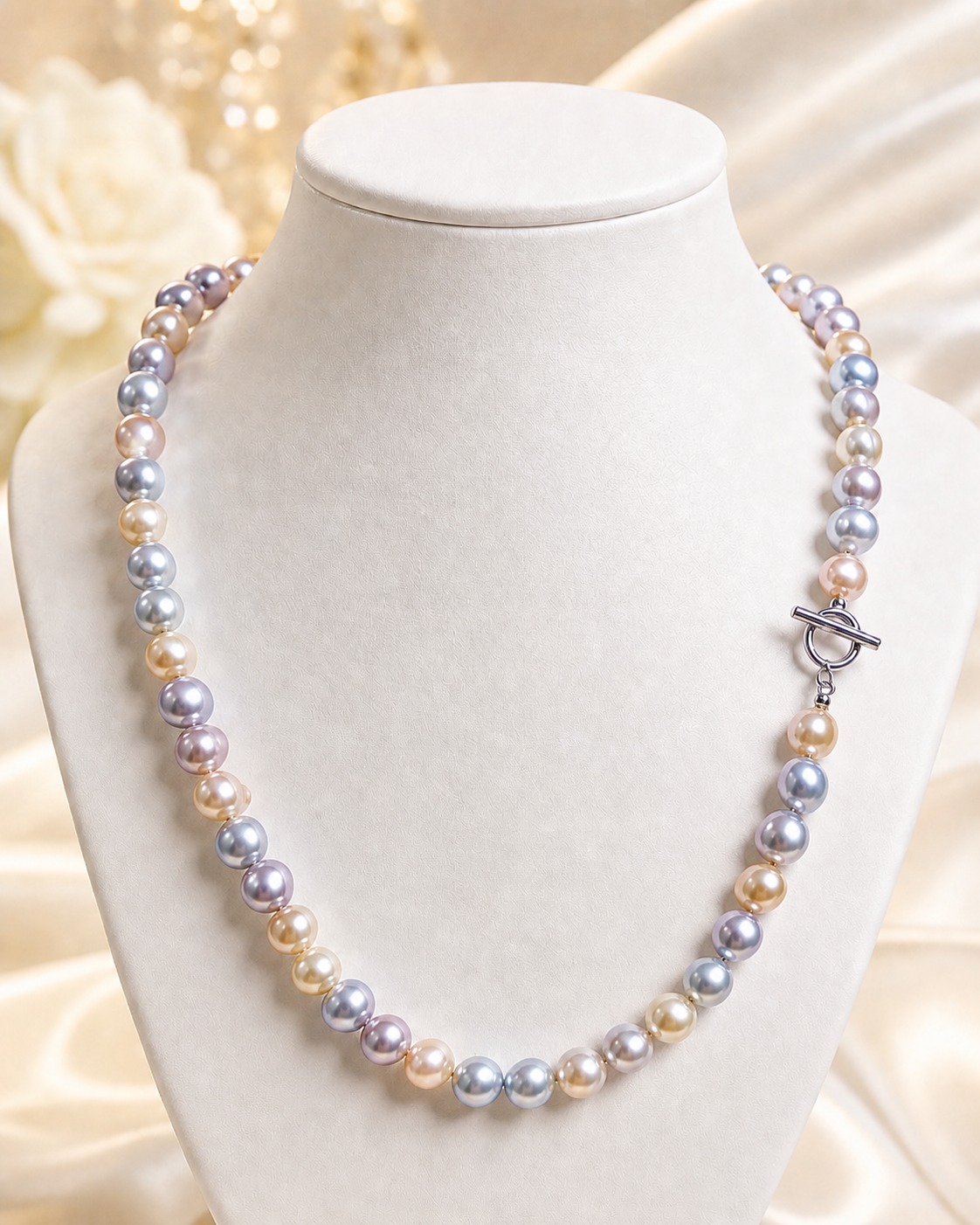 Gray baroque Akoya pearl necklace on a display bust