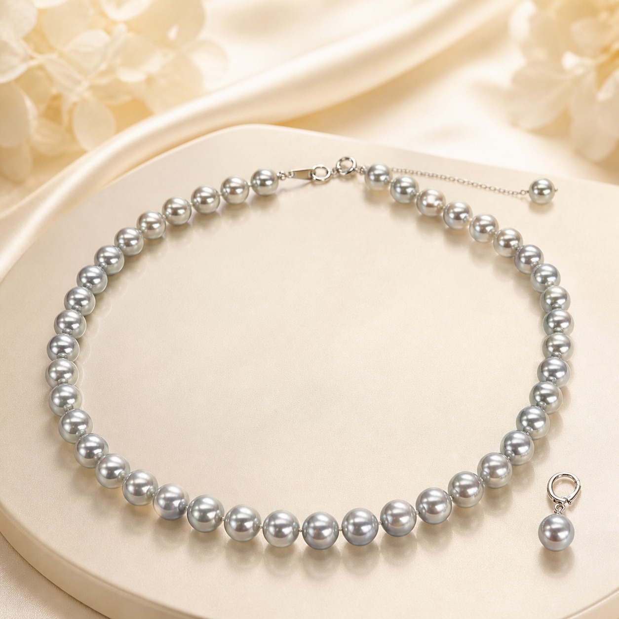 Gray baroque pearl necklace with natural blue and silver interference colors